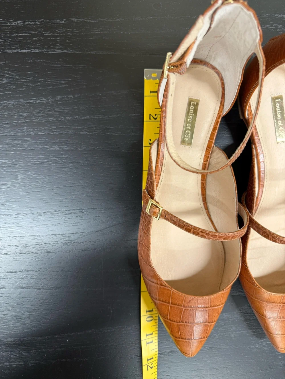 Pointed Mary Jane Flats in Croc-Embossed Tan